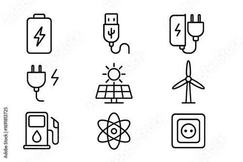 Energy and power thin line icon set. Vector symbols of electricity and renewable sources. Includes battery, USB charger, solar panel, wind turbine, atom, plug, and outlet. Editable stroke.