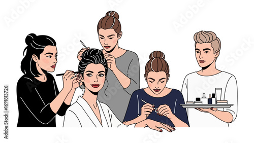 Diverse group of young adults engaged in beauty and personal care activities including makeup application hair styling and nail art preparation
