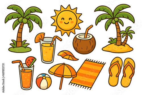 Cute cartoon summer beach icon set. Vector collection of tropical vacation elements. Isolated palm tree, sun, cocktail drink, coconut, flip flops, and beach ball.