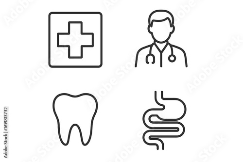 Minimalistic medical line icons pack with medical cross, doctor, tooth, internal organs outline, healthcare clinic symbols for cards, apps, banners, posts design