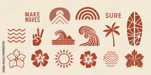 Collection of boho tropical and surfing themed icons and symbols with make waves text