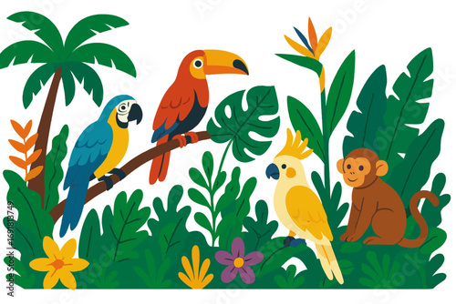 Tropical jungle wildlife set. Flat vector cartoon illustration with macaw parrot, toucan, cockatoo and monkey. Exotic birds, rainforest plants, monstera and palm tree.