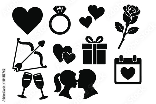 Romantic symbols set with hearts, engagement ring, rose, cupid’s bow and arrow, gift box, kissing couple silhouette, wine glasses, and love calendar icon in black vector cartoon style