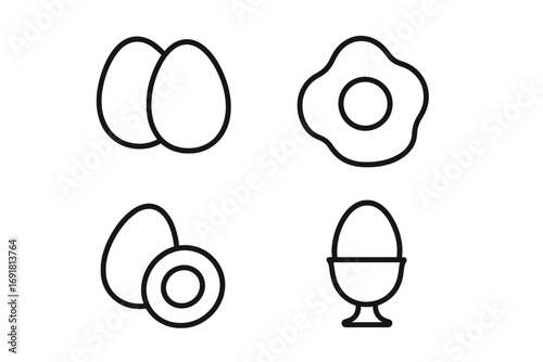 Egg line icon set. Breakfast food symbols. Minimal outline vector icons for cooking, menu, web, and apps. Fried egg, boiled egg, and egg cup. Editable stroke.