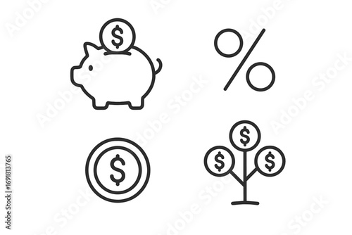 Finance line icon pack. Savings, investment, banking concepts. Piggy bank, moneybox. Percent, interest, discount. Dollar coin, currency. Money tree, financial growth, profit. Vector.