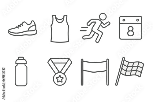 Minimalist athletic gear and race icons set in black outline style, running shoe, tank top, fast runner, calendar, water bottle, medal, finish line, checkered flag, sports equipment vector