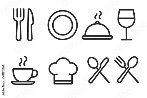 Minimalist dining icons and culinary symbols. Vector outline icon set for restaurant menu, food app, or website. Includes fork, knife, plate, chef hat, coffee, wine.