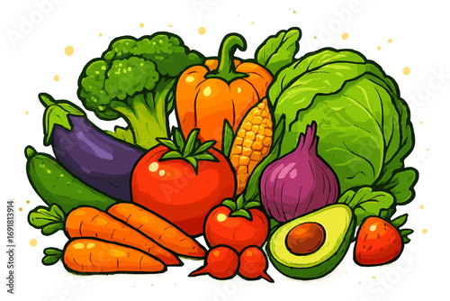 Fresh vegetable and fruit assortment vector cartoon illustration. Healthy organic food for vegan and vegetarian diet. Nature's bounty harvest with tomato, carrot, corn, avocado.