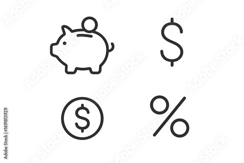 Money and finance line icon set. Piggy bank for savings, dollar symbol, coin, and percent sign. Editable stroke vector for banking, investment, business, economy, and budget concept.