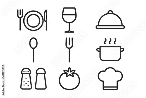 Food and cooking icon set. Minimalist line art icons for restaurant menu or culinary website. Vector illustration of kitchen utensils, dining essentials and chef symbols.