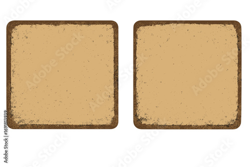 Set of two vintage square frames with rustic texture. Empty grunge background for text. Retro brown paper or cardboard sign border. Old weathered blank plaque template.