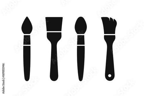 Paint brush icon set vector collection. Artist tool kit for creative design. Black silhouette symbol for painter. Flat graphic for drawing, art, craft, decorating and painting.