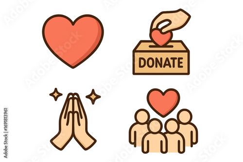 Volunteer and charity icons set with heart symbol, donation box, gratitude hands, and community group, vector cartoon illustration, transparent background, support and kindness concept