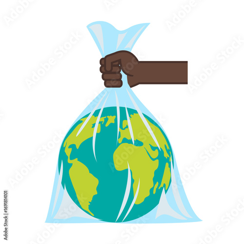Planet earth in a plastic bag that holds hand. Pollution problem concept disposable polythene package . No to plastic. White background. Vector illustration.eps