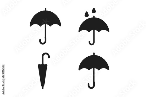 Minimalist umbrella icons set in black silhouette style. Vector graphic elements for weather concepts, rain protection, and storm season. Open, closed, and raining parasol signs.