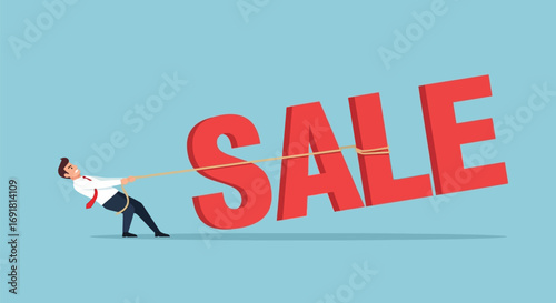 Businessman Pulling "SALE" Sign with Rope, Effort.