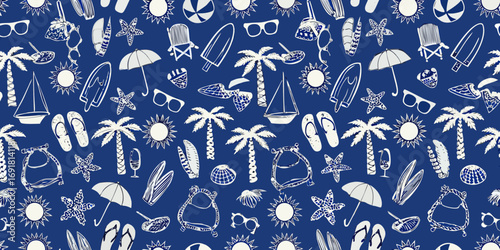 Seamless pattern of hand drawn summer vacation icons including palm trees surfboards sunglasses and beach chairs on a blue background