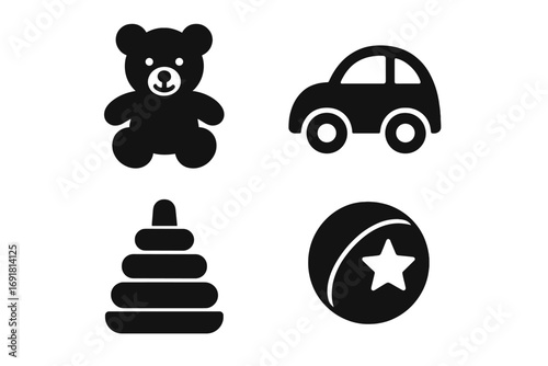 Minimalist silhouette icons of classic children’s toys in black and white, vector cartoon illustration set with teddy bear, toy car, stacking rings, star ball, transparent background