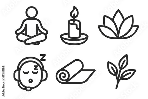 Yoga and meditation line icon set for wellness and relaxation. Minimalist vector icons for mindfulness, spa, health, and calm. Includes lotus, candle, and yoga mat.