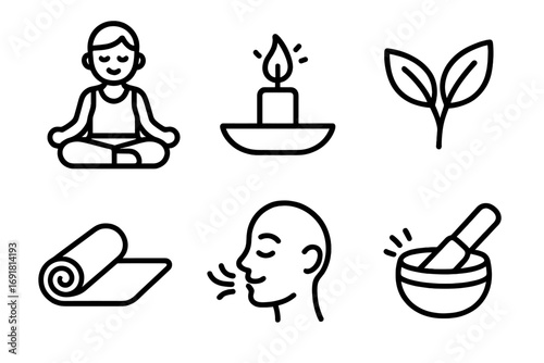 Minimalist line icon set for yoga and meditation. Vector symbols for relaxation, wellness, spa, aromatherapy, breathing exercise, and healthy lifestyle. Simple clean design.
