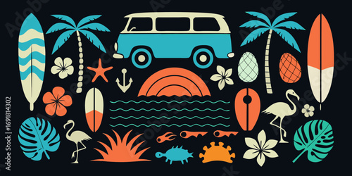 Retro summer vacation elements featuring a vintage van palm trees surfboards and tropical flora