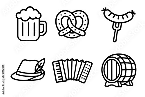 Oktoberfest icons set. German festival elements beer, pretzel, sausage, Bavarian hat, accordion, barrel. Vector line art illustration for holiday design. Traditional food.