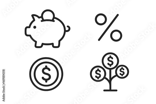 Finance and money outline icon set. Piggy bank for savings, percent sign for interest rates, dollar coin for currency and a money tree for investment growth. Vector icons.