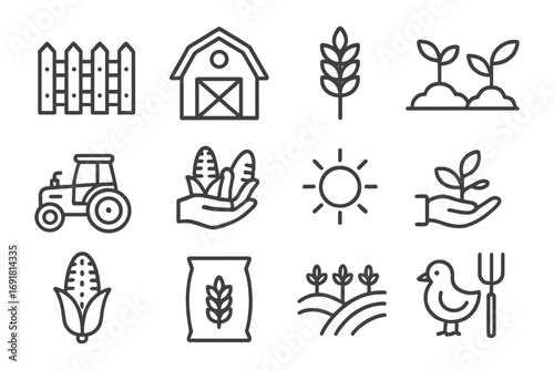 Agriculture and farming line icon set. Editable stroke vector icons for web and apps. Contains symbols for harvest, barn, tractor, corn, wheat, plantation, and farm life.