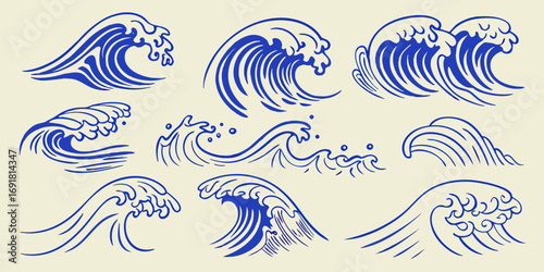 Collection of stylized blue japanese wave illustrations on a cream background