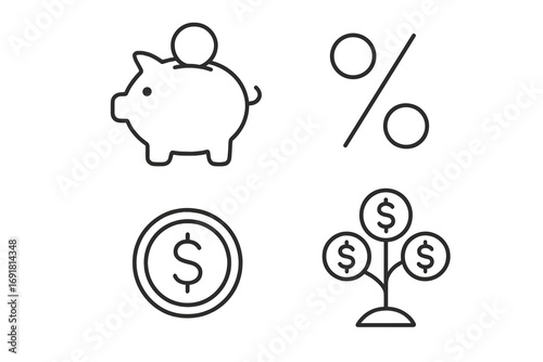 Finance and money line icon set. Piggy bank for savings, dollar coin, percent sign for interest rate or discount, and money tree for investment, profit and growth concept.