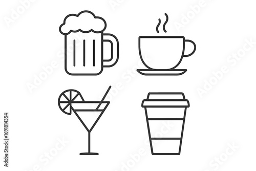 Editable beverage line icons pack with beer mug, coffee cup, cocktail glass, and takeaway coffee cup. Minimalist linear vector illustrations perfect for design, website, app, and card use.