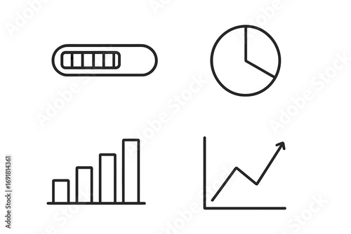 Data visualization line icon set. Progress bar, pie chart, bar graph, and growing line chart icons. Statistics & analytics symbols for infographics, apps, and web design. Editable stroke.