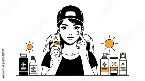 Young woman with surprised expression applying sunscreen to her face surrounded by sun protection products and stylized sun icons