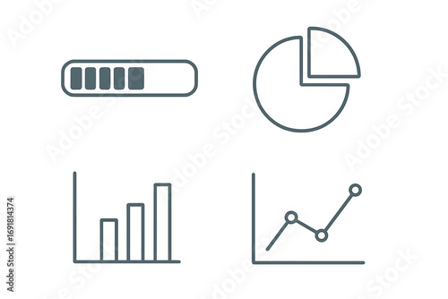 Minimalist data analytics line icon set. Progress bar, pie chart, bar graph, and statistics diagram symbols. Editable stroke pictograms for UI, UX, web, and infographic design.