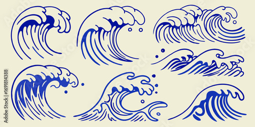 Collection of stylized blue wave illustrations in a traditional japanese art style against a cream background