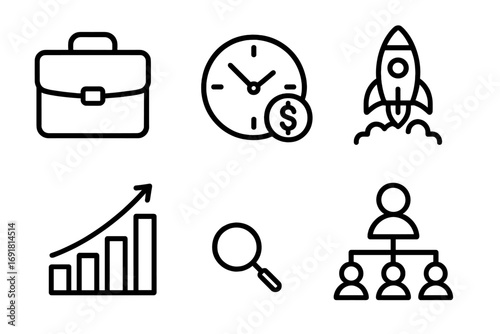 Business success and startup launch icon set. Vector line icons for management, finance, growth analysis. Includes briefcase, rocket, time is money and organization chart.