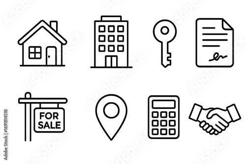 Real estate icons set in linear style, house and building property symbols, key and contract vector, for sale sign, location pin, calculator, handshake concept, transparent background