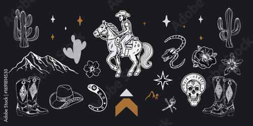 Collection of western and southwestern elements featuring a cowboy on horseback cacti mountains boots skull and flowers