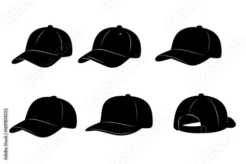 Set of baseball cap silhouettes in various styles, vector cartoon illustration of blank caps, adjustable snapback hats, fashion headwear bundle with transparent background