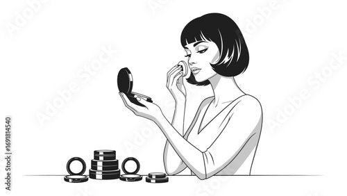 Elegant retro woman with short dark hair applying makeup with a compact mirror and powder vintage beauty illustration