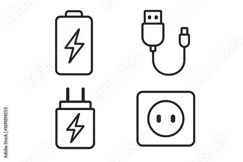Power and energy line icon set. Vector collection of charging symbols: battery, USB cable, wall adapter, and electric socket. Editable stroke outline icons for web, app design.