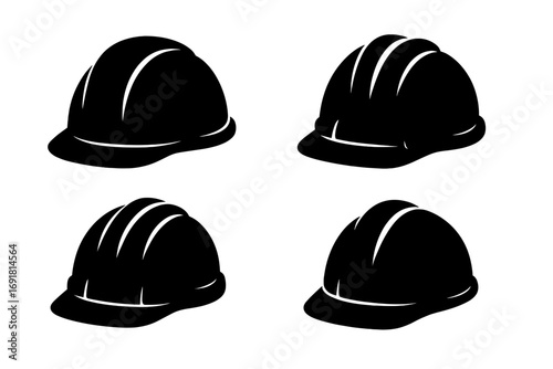 Set of black silhouette construction helmets vector icons, safety hard hats illustration with transparent background, protective gear collection, industrial safety equipment symbols