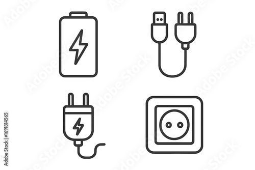 Energy and electricity line icon set. Editable stroke vector symbols for web, apps, cards. Power concept. Includes battery charge, USB cable, phone charger, electric outlet.