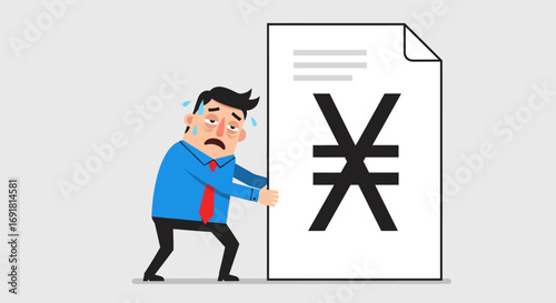 Stressed Businessman Struggling with Large Yen Symbol Document