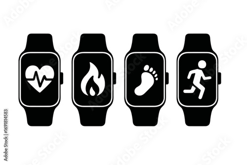 Set of fitness tracker icons with health, heart rate, calorie burn, footstep, and running activity symbols in silhouette style for fitness monitoring and workout tracking vector