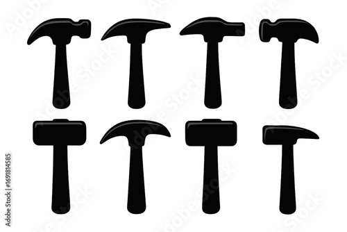 Set of hammer silhouettes various styles shapes, vector cartoon illustration transparent background, construction tool icons, hardware equipment, ordered collection