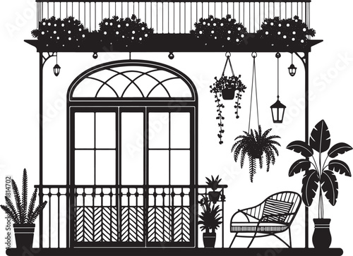 Silhouette of a Balcony with Arched Door, Chair, and Plants Keywords: balcony, terrace, exterior