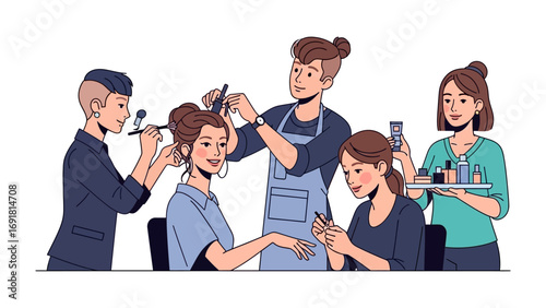 Diverse group of women in a beauty salon receiving various treatments including hair styling makeup application and nail care services