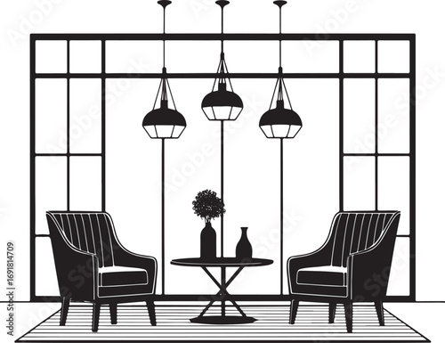 Silhouette of a living room with two armchairs, table, and pendant lights vector illustration