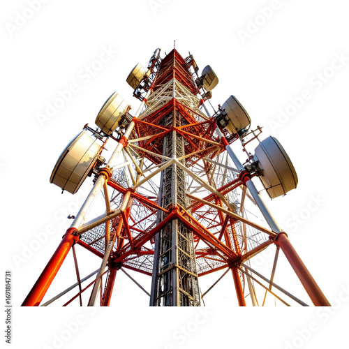 Tall, imposing telecommunication tower with intricate white and reddish-brown lattice, densely equipped with 
